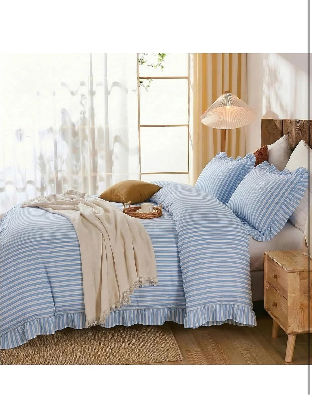 NEW Merryword 100% Cotton Blue/White Striped Duvet Cover Set Queen. Ruffle Trim